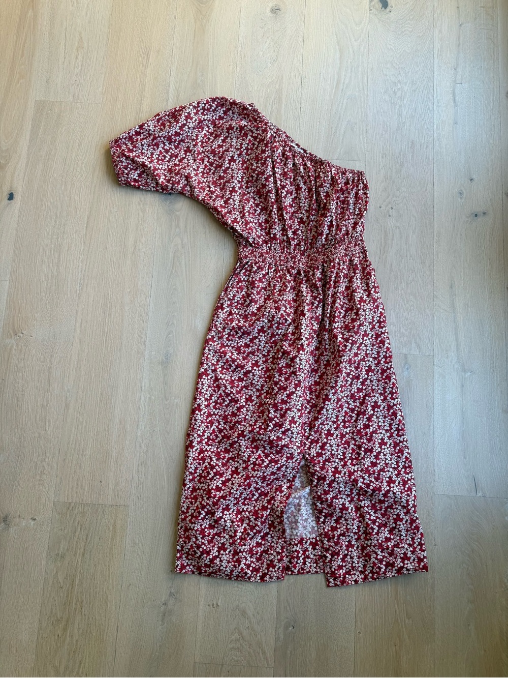 Apiece Apart One-Shoulder Red and White Floral Midi Dress